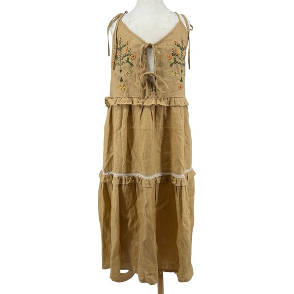 Meadows Tree, Bird, and Flower Embroidered Willow Linen Dress in Brown Size 2 - Picture 2 of 15